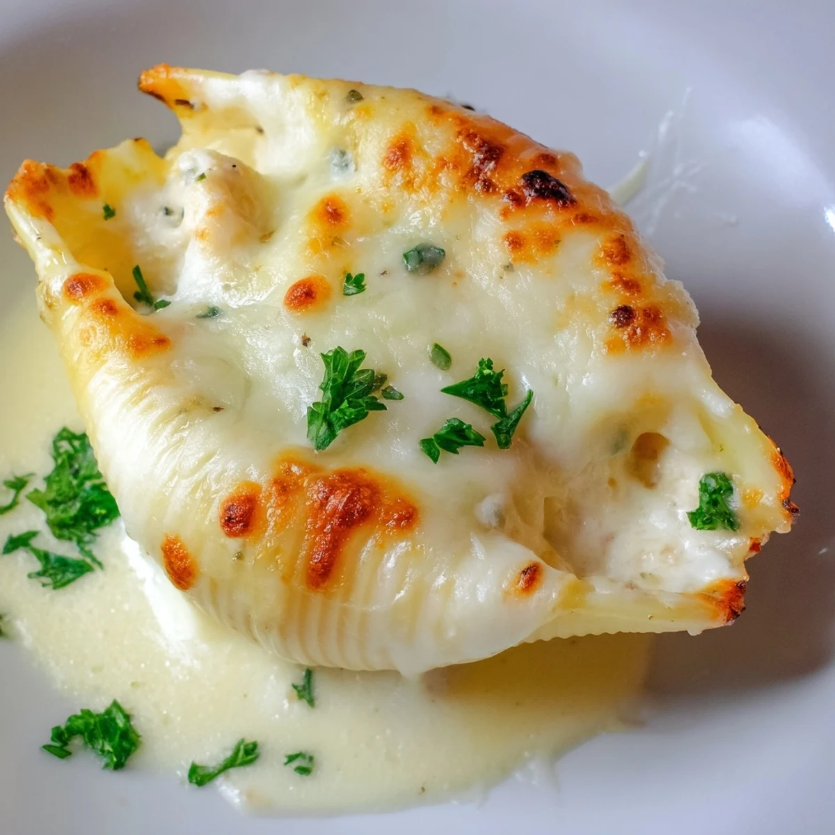 Nestled in a 9x13 baking dish, tender jumbo pasta shells cradle a creamy chicken Alfredo filling.
