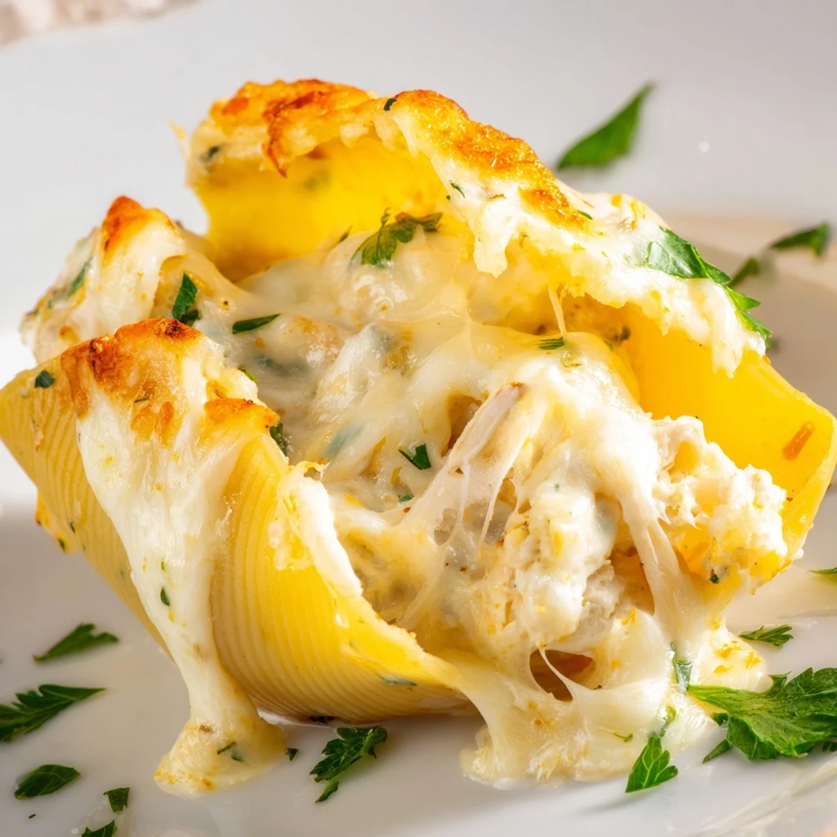 Plated on a rustic table, Chicken Alfredo Stuffed Shells are paired with a crisp green salad.