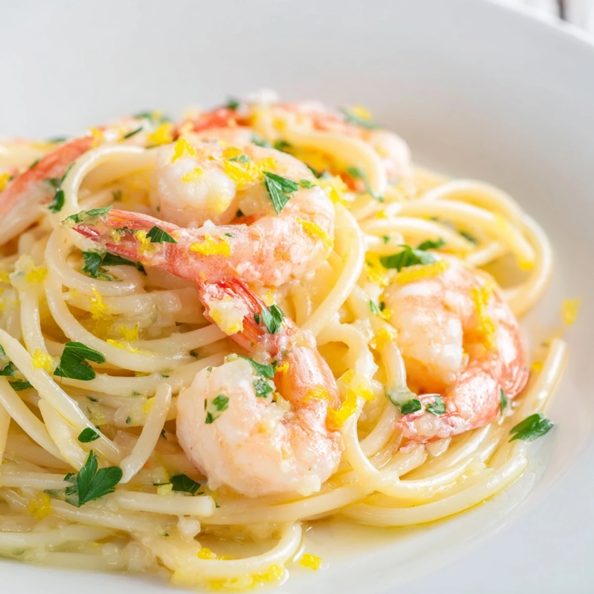 Lemon Garlic Shrimp Pasta features plump, pink shrimp and al dente spaghetti tossed in a shimmering lemon garlic butter sauce, garnished with fresh parsley.