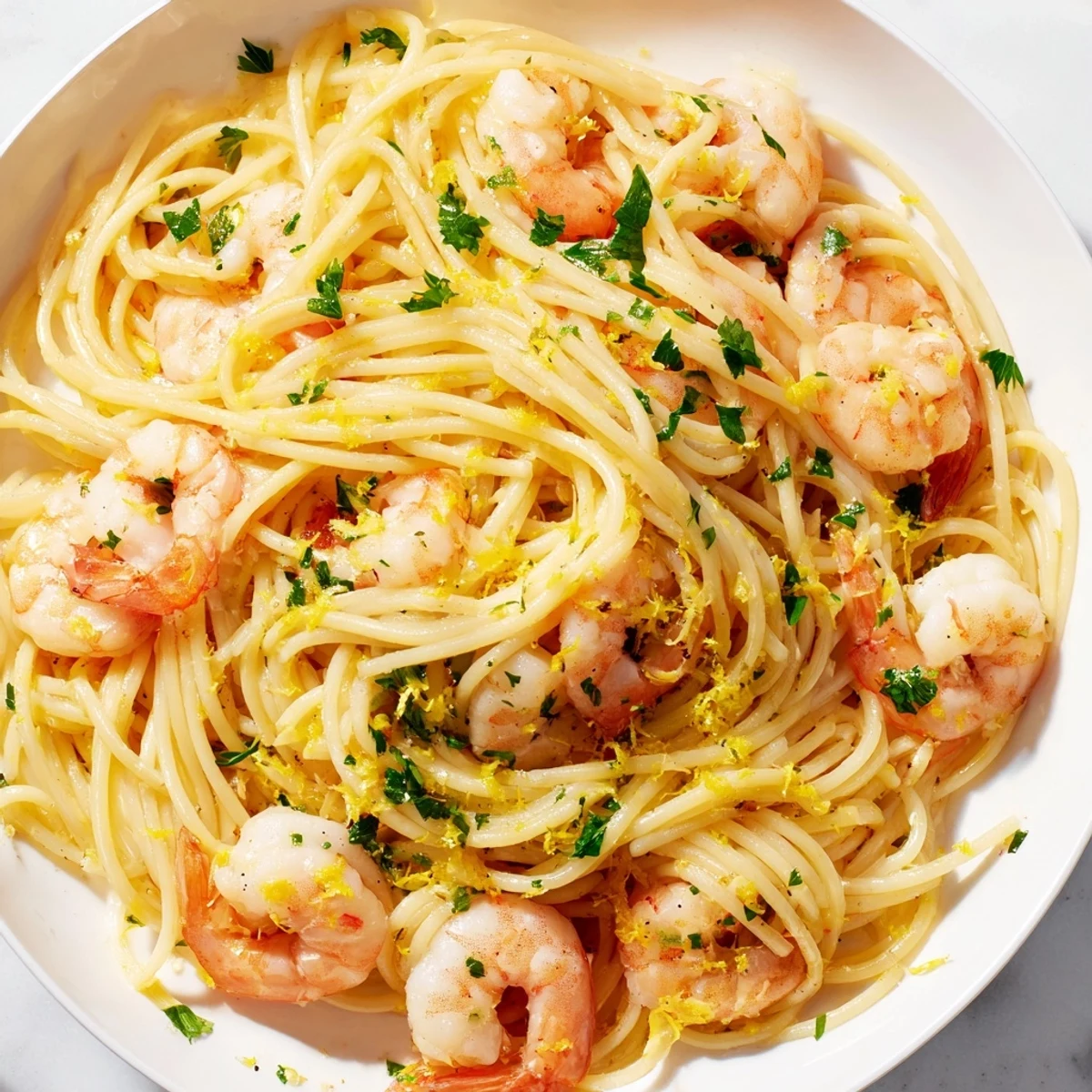 In a large skillet, Lemon Garlic Shrimp Pasta is tossed with minced garlic and lemon zest; steam rises as the buttery sauce coats the noodles.