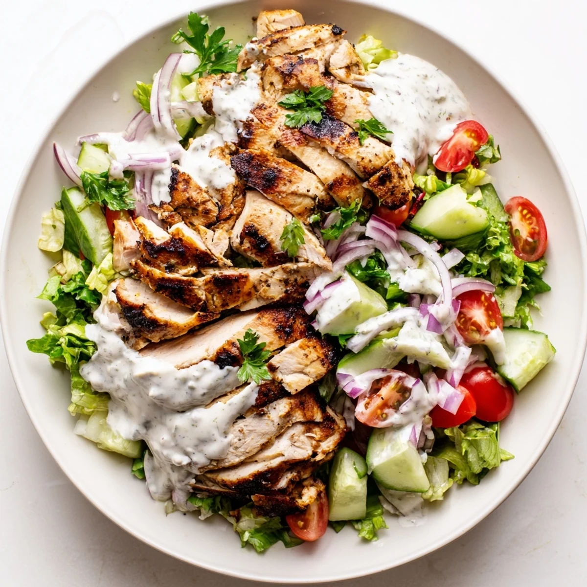 Grilled spiced chicken slices rest atop a vibrant bowl of diced cucumbers, tomatoes, and mixed greens for this Chicken Shawarma Salad.