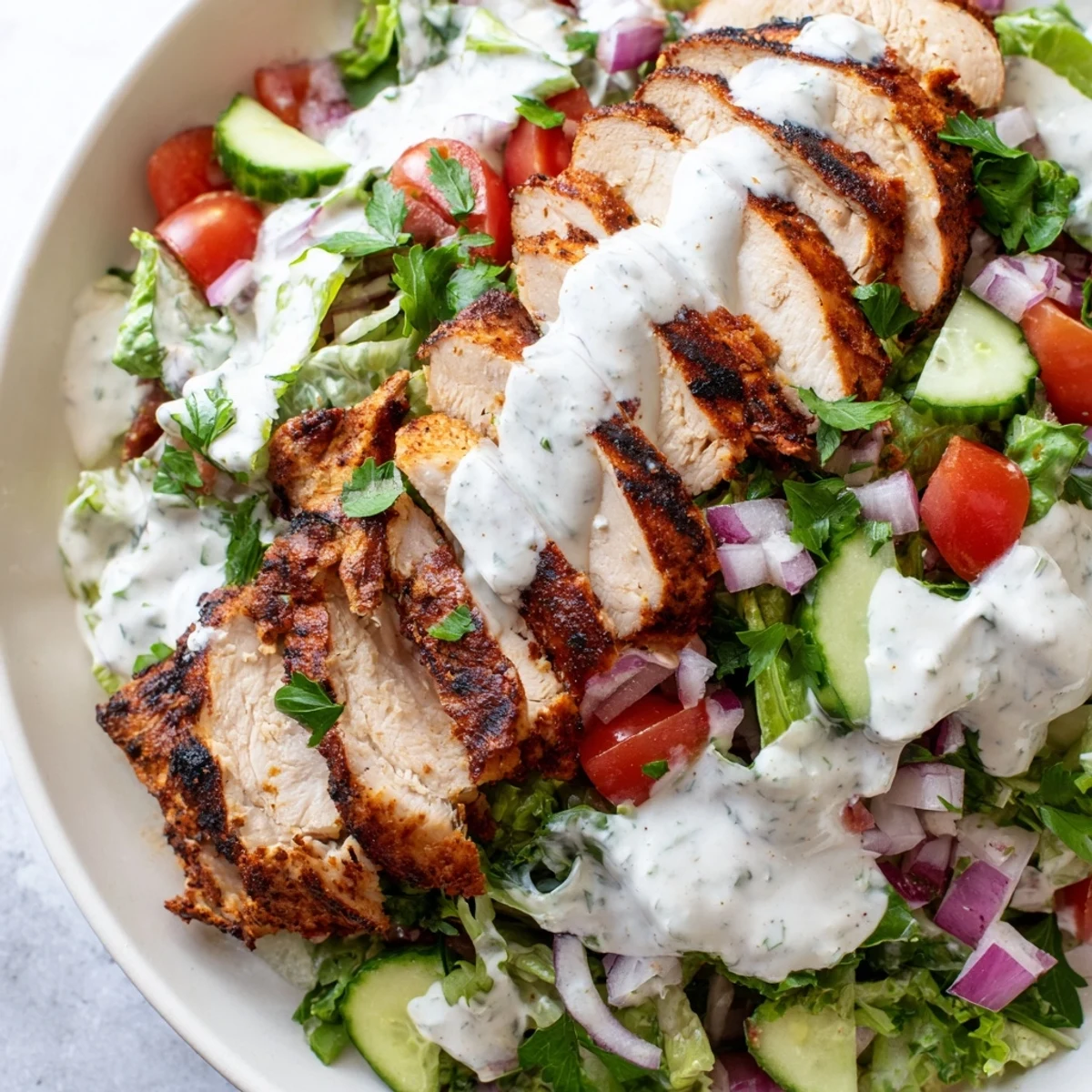 Sliced, charred chicken crowns a bed of crisp salad greens and diced vegetables, drizzled with creamy yogurt dressing for a healthy meal.