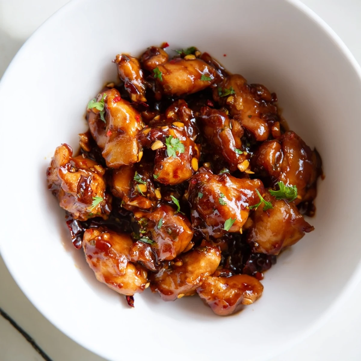 Steamed rice and broccoli topped with glistening sweet chili chicken, garnished with green onions and sesame seeds in a vibrant bowl.