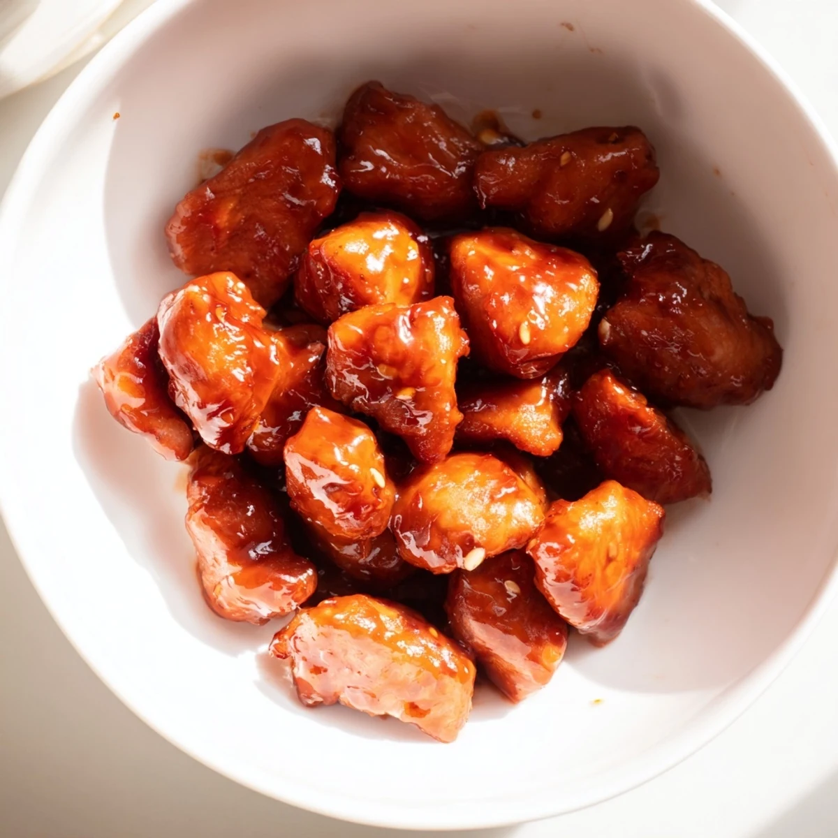 A close-up of the Sweet Chili Chicken Bowl reveals tender chicken pieces coated in a glossy, tangy-sweet glaze over fluffy rice.