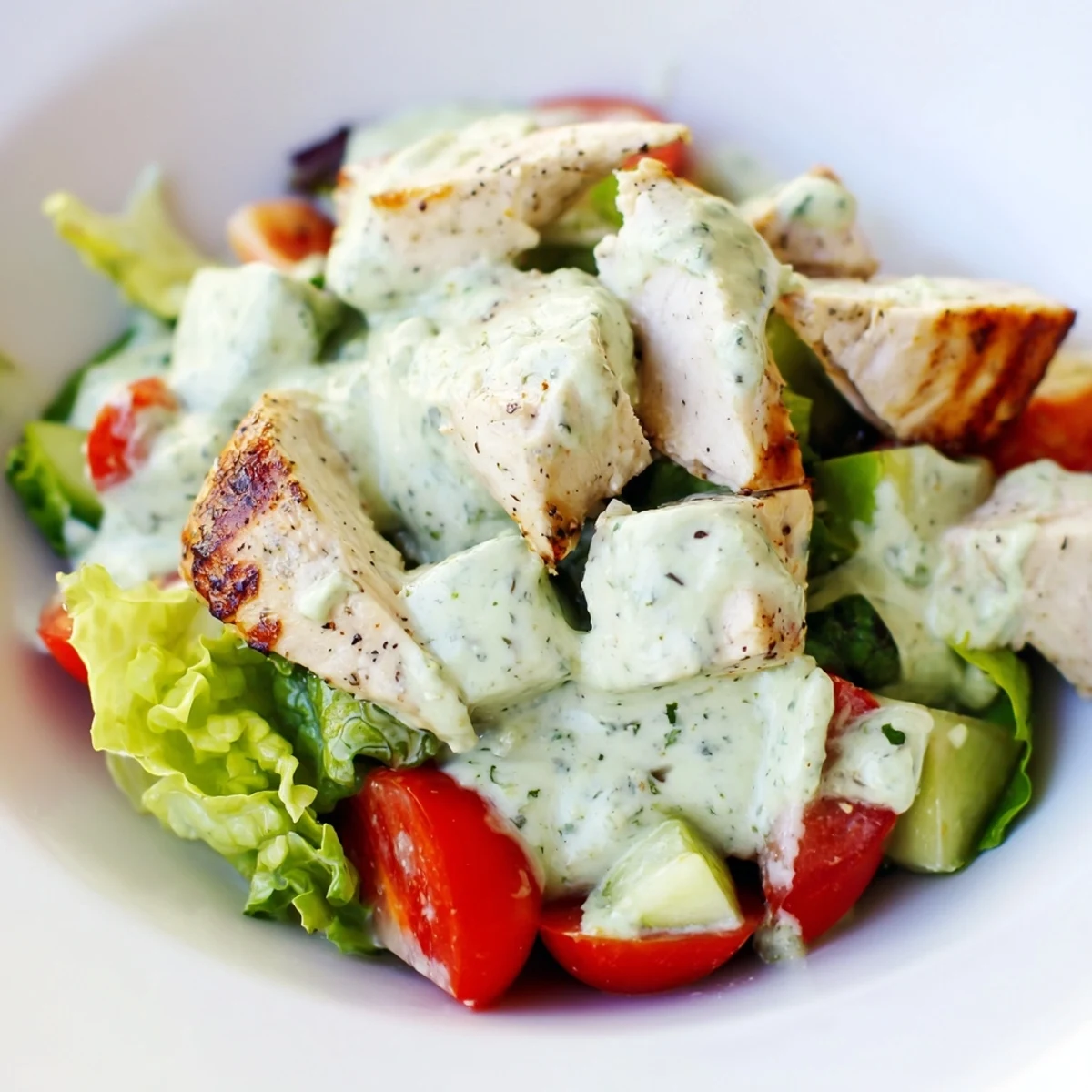 Bright grilled chicken chunks tossed with crisp cucumbers, tomatoes, and creamy avocado ranch dressing over fresh salad greens.  