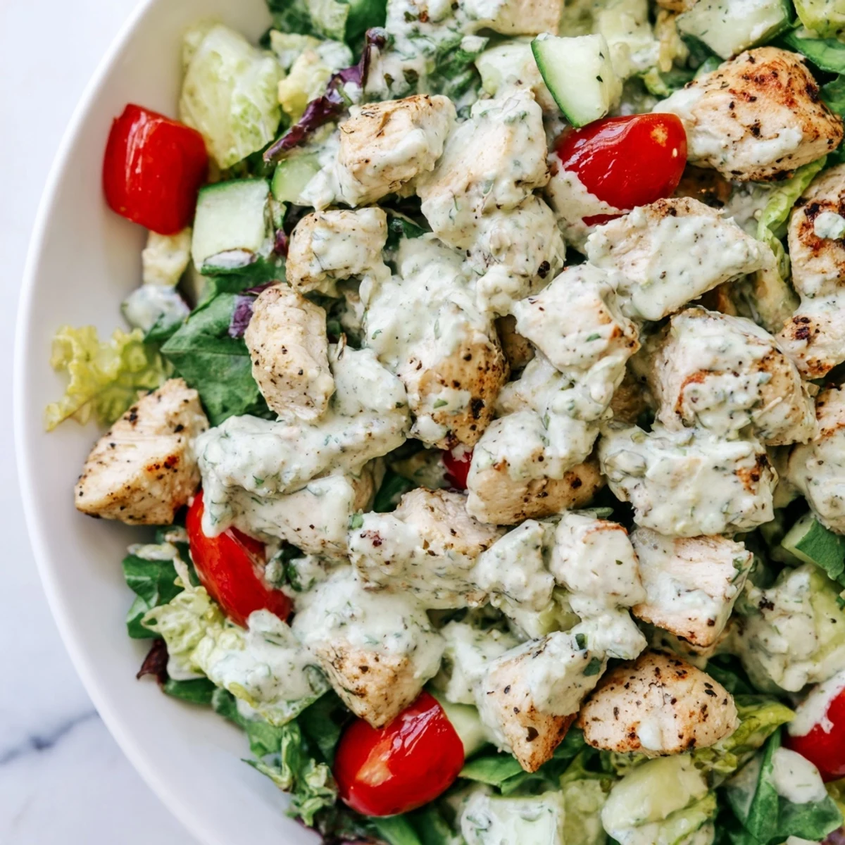 A fresh American lunch dish featuring tender chicken, homemade avocado ranch, and colorful vegetables on mixed salad greens.
