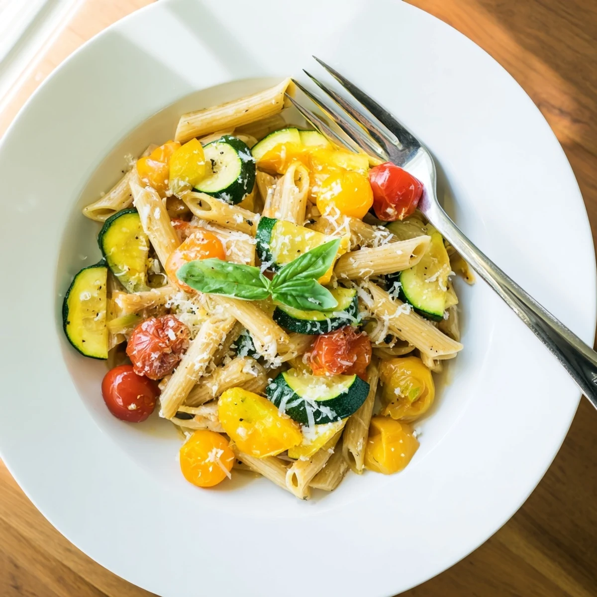 A serving of Garden Veggie Pasta garnished with fresh basil and lemon zest, ready to enjoy al fresco.