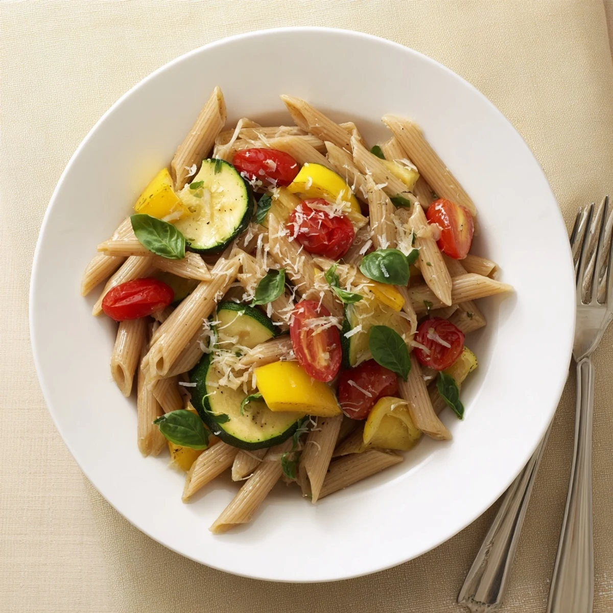 A close-up of Garden Veggie Pasta with zucchini, yellow squash, and blistered tomatoes on a rustic wooden table.