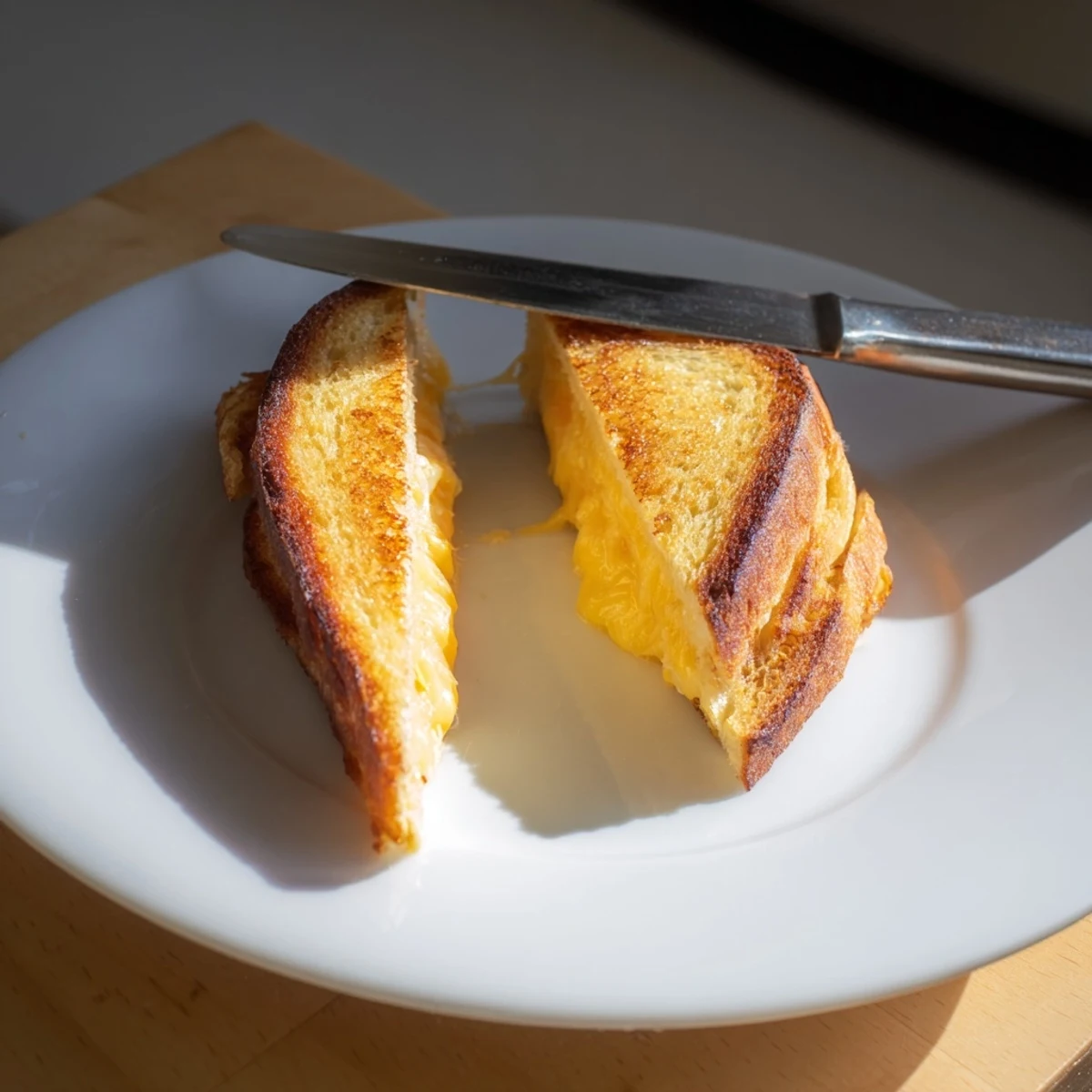 Golden-brown Three-Cheese Grilled Cheese slices reveal melted mozzarella, cheddar, and provolone, served on a plate with a side of tomato soup.  