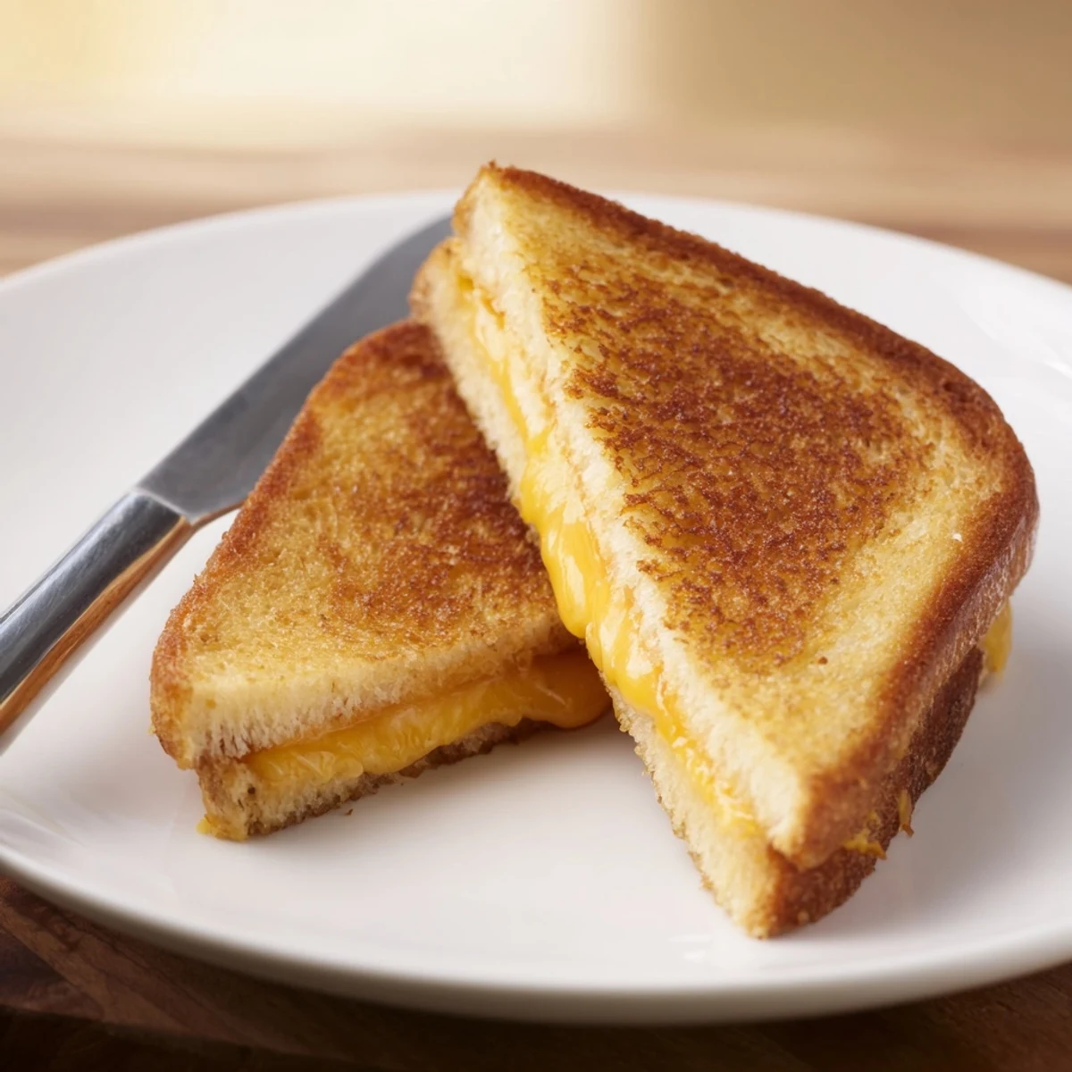 Crispy sourdough slices hold a gooey Three-Cheese Grilled Cheese filling, sprinkled with black pepper and buttered on the outside.  
