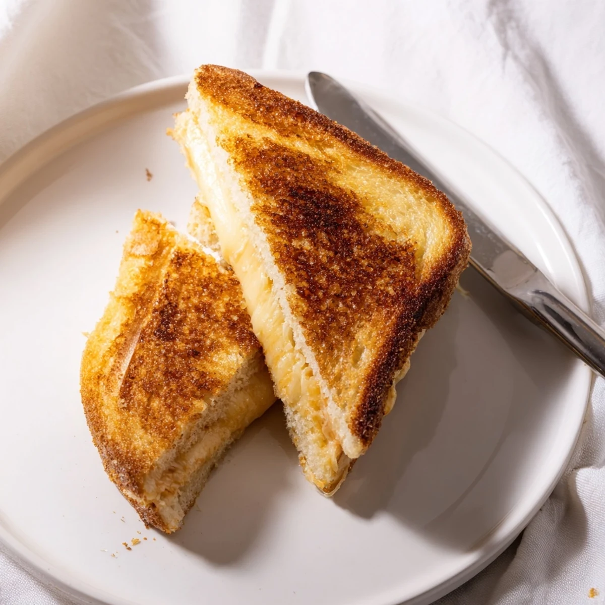 A Three-Cheese Grilled Cheese sandwich rests on a wooden board, cut in half to show the stretchy, melted cheese blend.