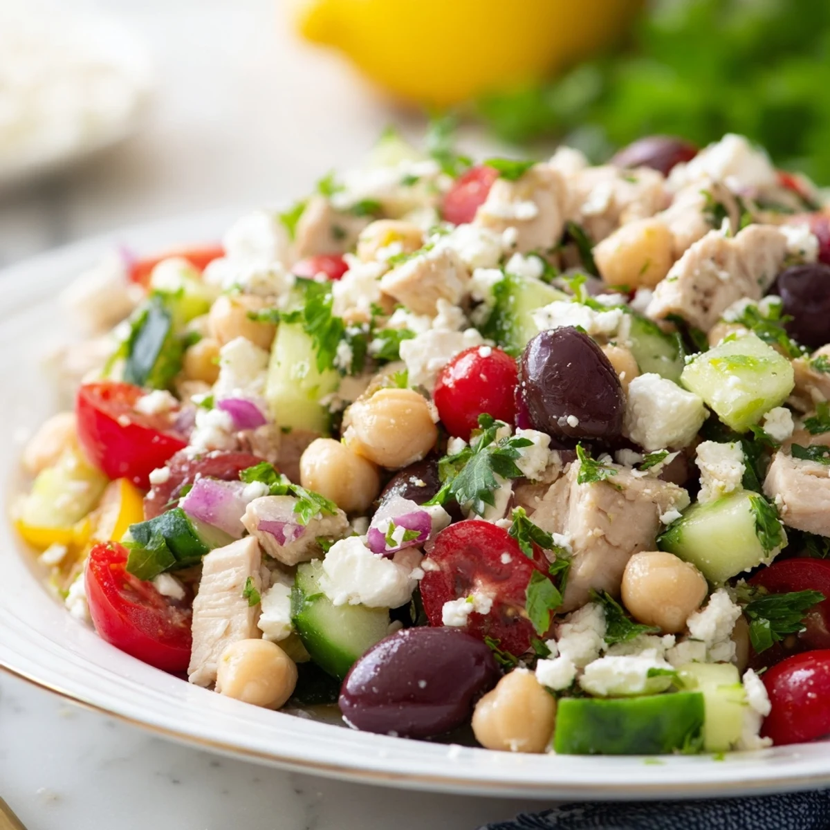 Fresh Mediterranean Chickpea Chicken Salad with juicy chicken, crisp cucumber, and tangy feta cheese served in a rustic white bowl. 