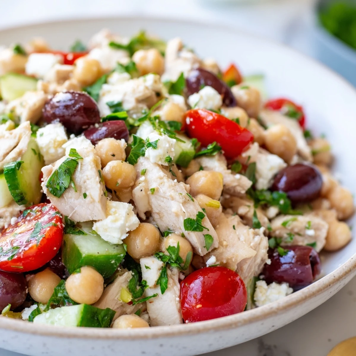 Colorful Mediterranean Chickpea Chicken Salad featuring cherry tomatoes, Kalamata olives, and parsley tossed in a zesty lemon-oregano dressing. 