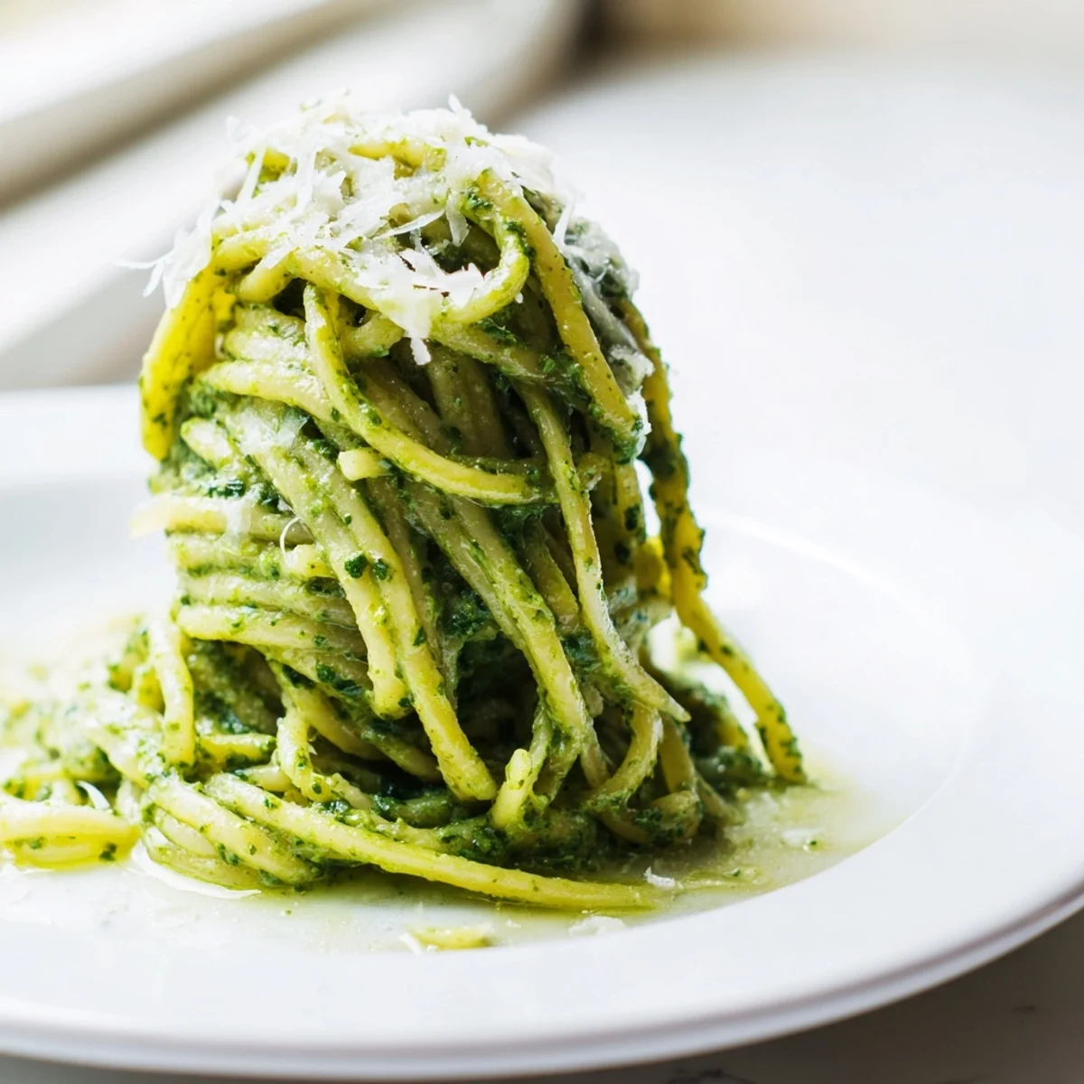 A skillet of warm Creamy Sunflower Seed Pesto Pasta topped with toasted sunflower seeds, ready for a vegetarian weeknight dinner.
