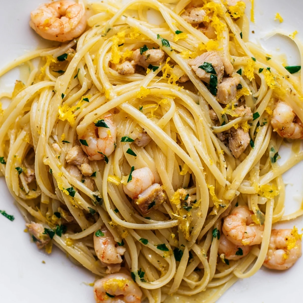 Steaming Lemon Garlic Shrimp & Chicken Pasta with linguine and fresh parsley on a rustic plate.  