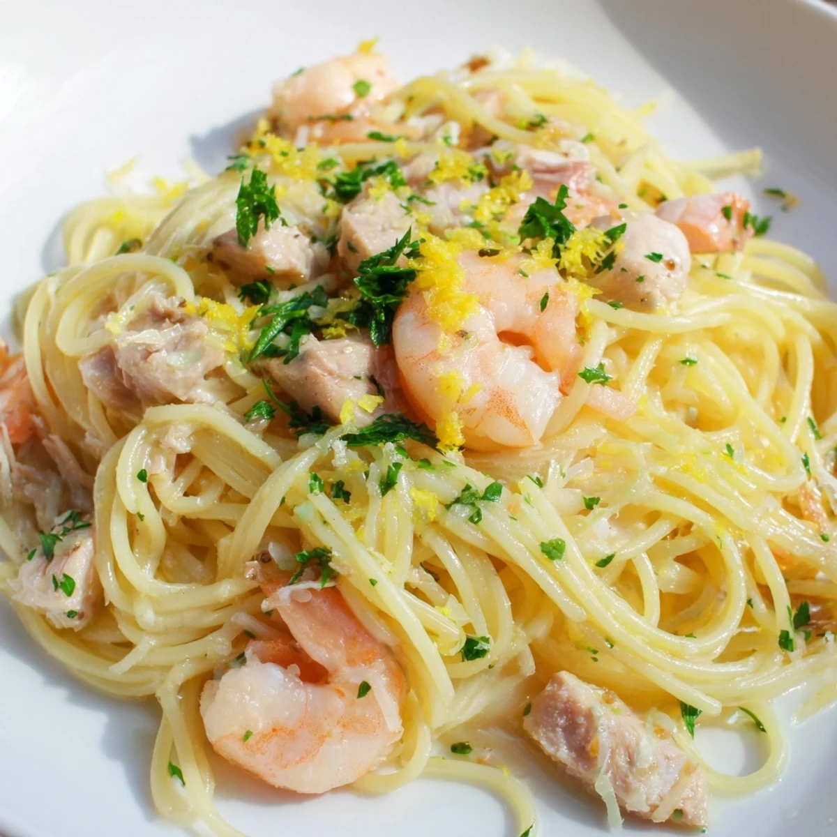 A vibrant serving of Lemon Garlic Shrimp & Chicken Pasta tossed in a zesty garlic butter sauce.