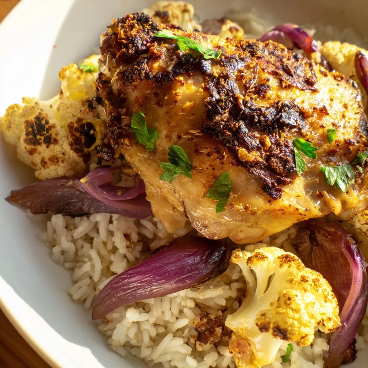 Golden roasted chicken thighs and cauliflower florets, seasoned with smoked paprika and cumin, served over fluffy basmati rice.