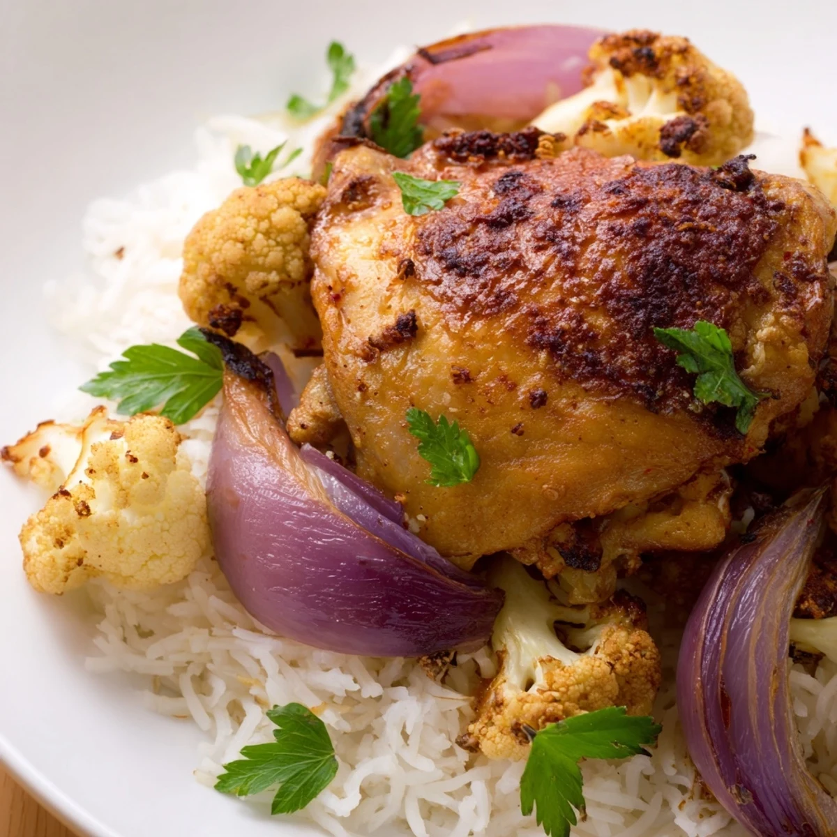 Juicy chicken and tender cauliflower roast together on a single sheet pan, creating a colorful, gluten-free weeknight dinner.