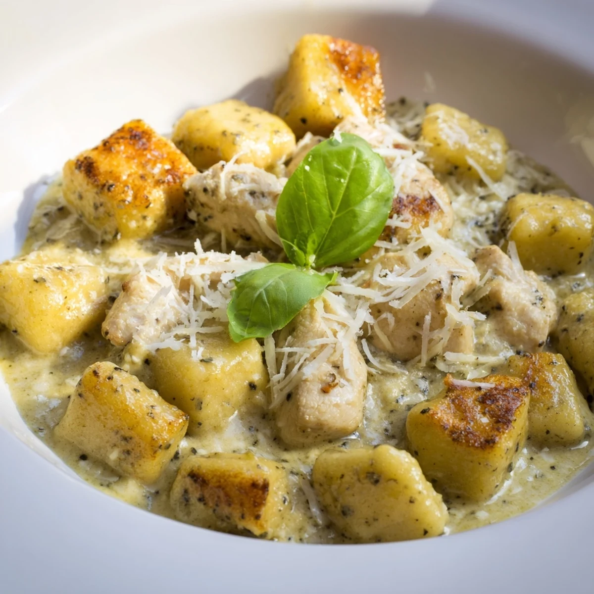 Crisp pan-seared gnocchi and golden chicken bites coated in creamy pesto sauce, garnished with fresh basil.
