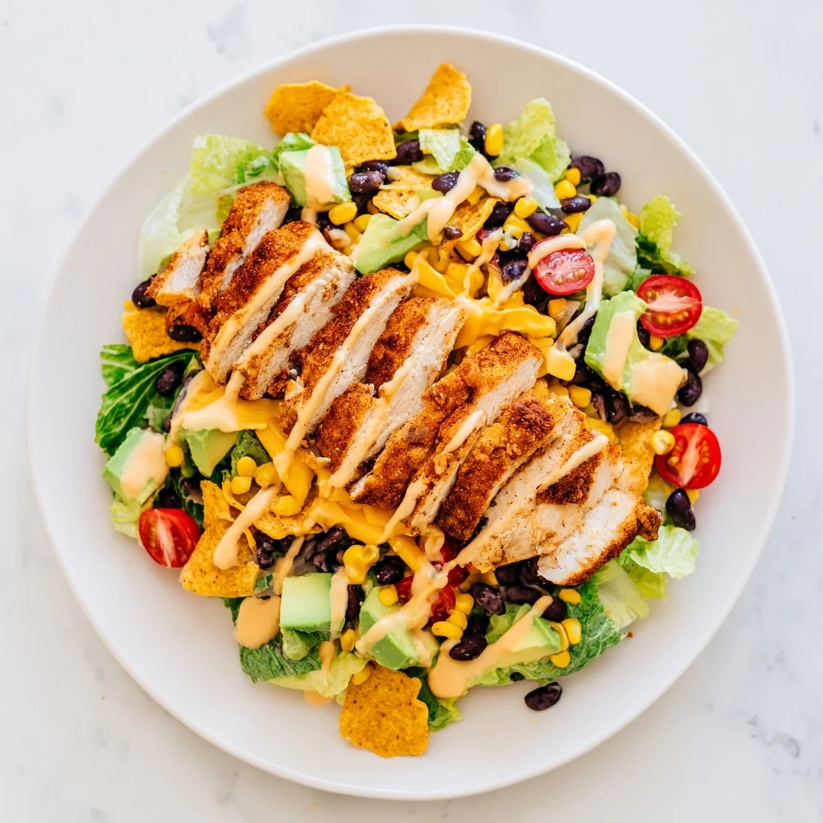 A serving of Crunchy Taco Chicken Salad features seasoned sliced chicken, crisp romaine, and diced avocado on a vibrant platter.