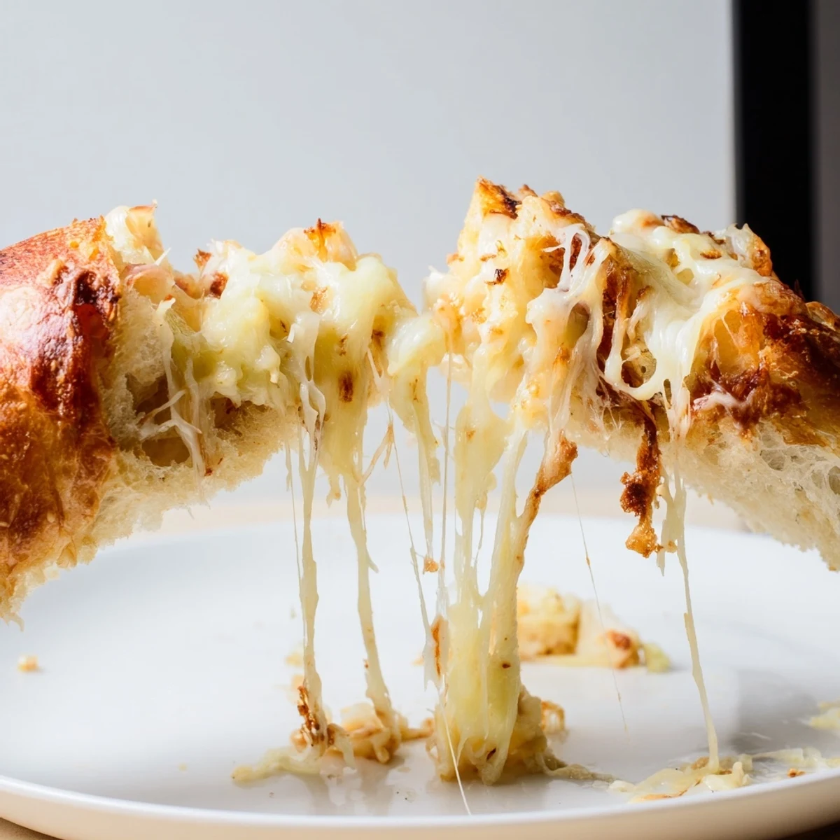 A close-up of the gooey Triple Cheese Sourdough Grilled Cheese sandwich oozing melted cheese between crispy, buttery sourdough crust.  