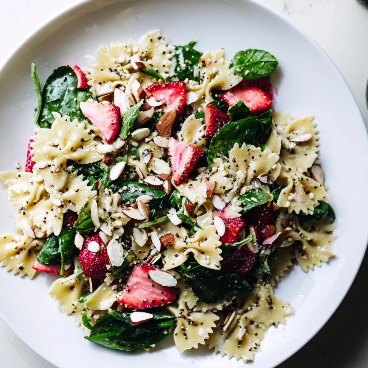 Tossing cooked farfalle pasta with fresh baby spinach, sliced strawberries, and crunchy toasted almonds for a vibrant Spring Spinach Strawberry Pasta Salad.