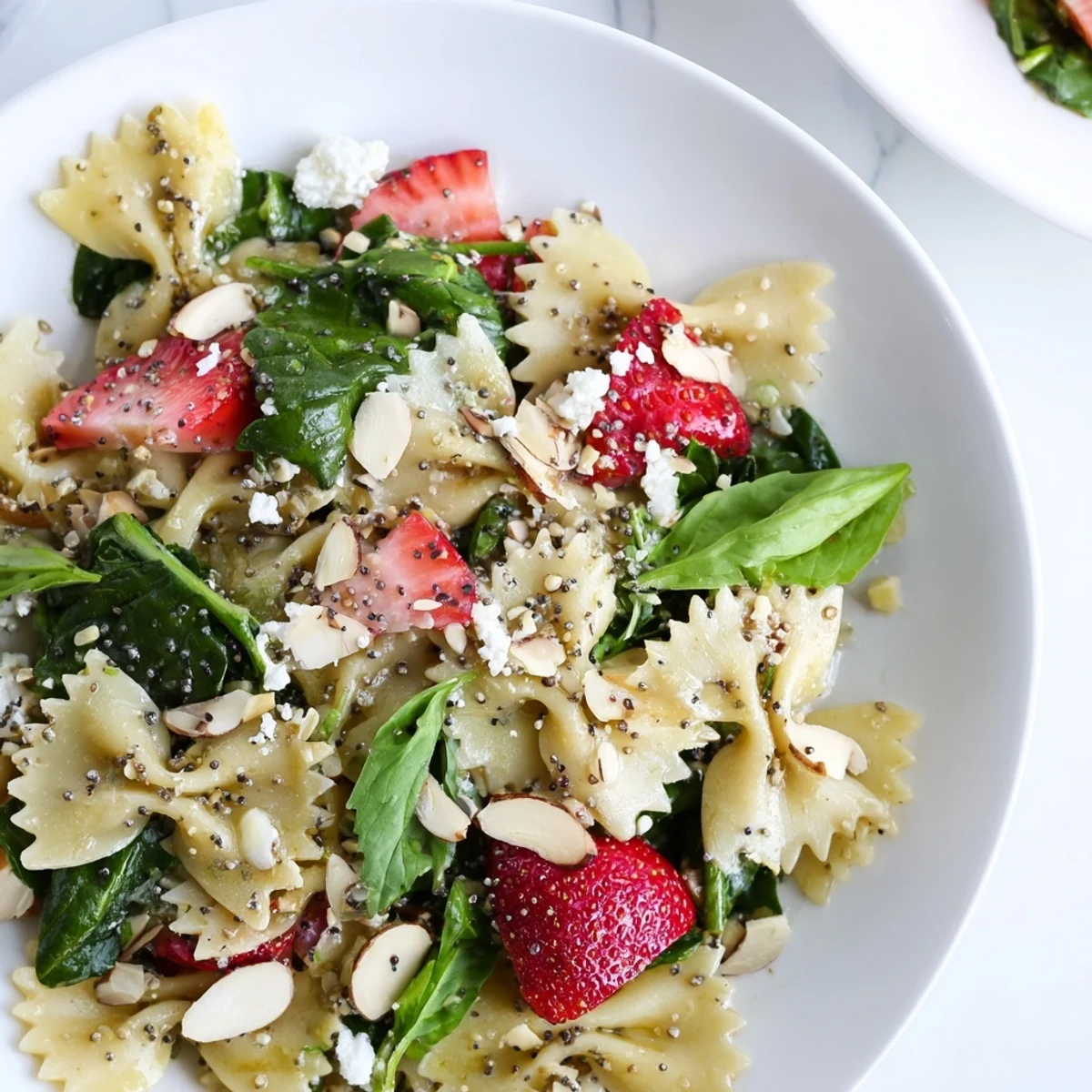A close-up of the colorful Spring Spinach Strawberry Pasta Salad drizzled with poppy seed dressing and topped with creamy feta.