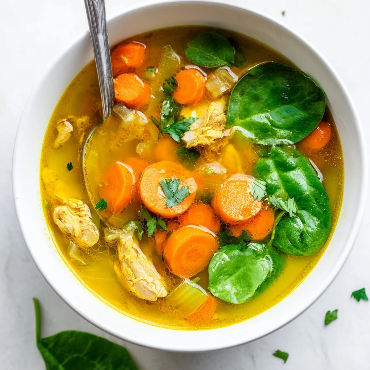 Bright yellow Turmeric Chicken Soup in a ceramic bowl, paired with crusty bread for a comforting, wholesome meal.