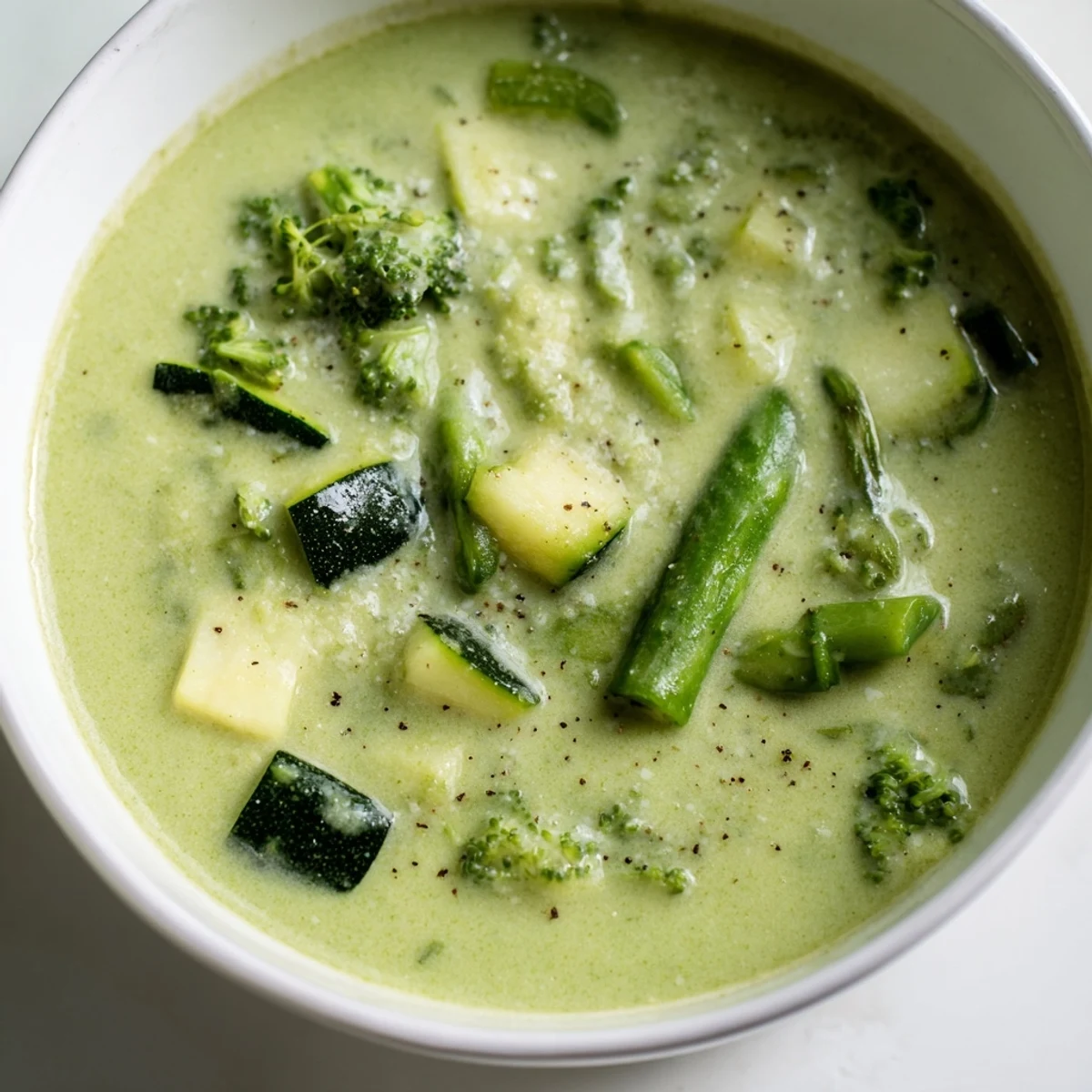 Vibrant, creamy Big Green Immunity-Boosting Vegetable Soup with spinach, broccoli, and asparagus, garnished with fresh herbs.