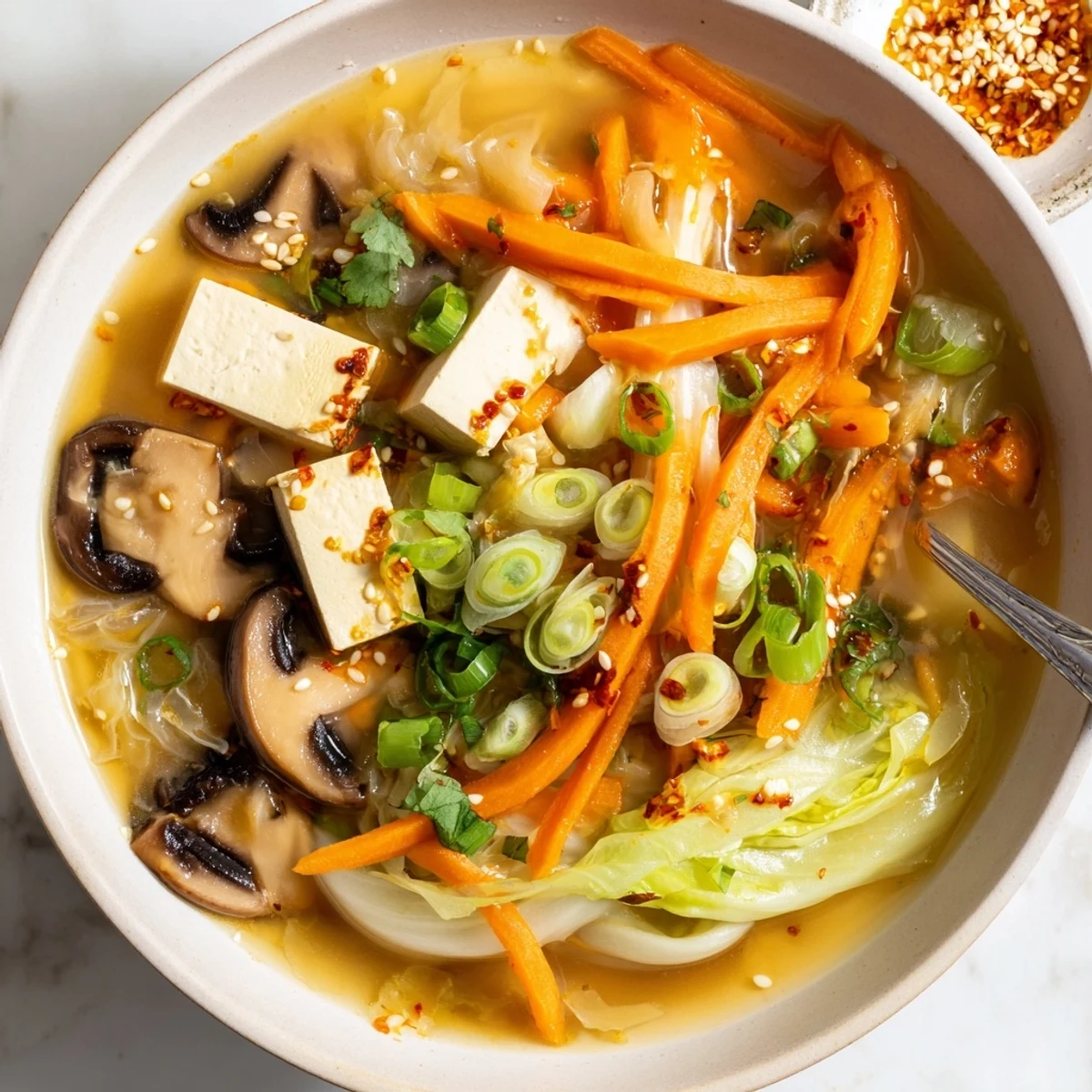 The steaming Ginger-Miso Winter Soup in a rustic bowl shows thinly sliced shiitake mushrooms and vibrant orange carrots.