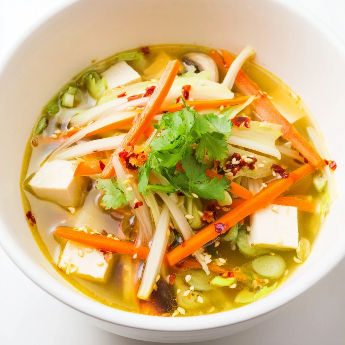 Steaming bowls of Ginger-Miso Winter Soup feature tender napa cabbage and silken tofu for a cozy meal.