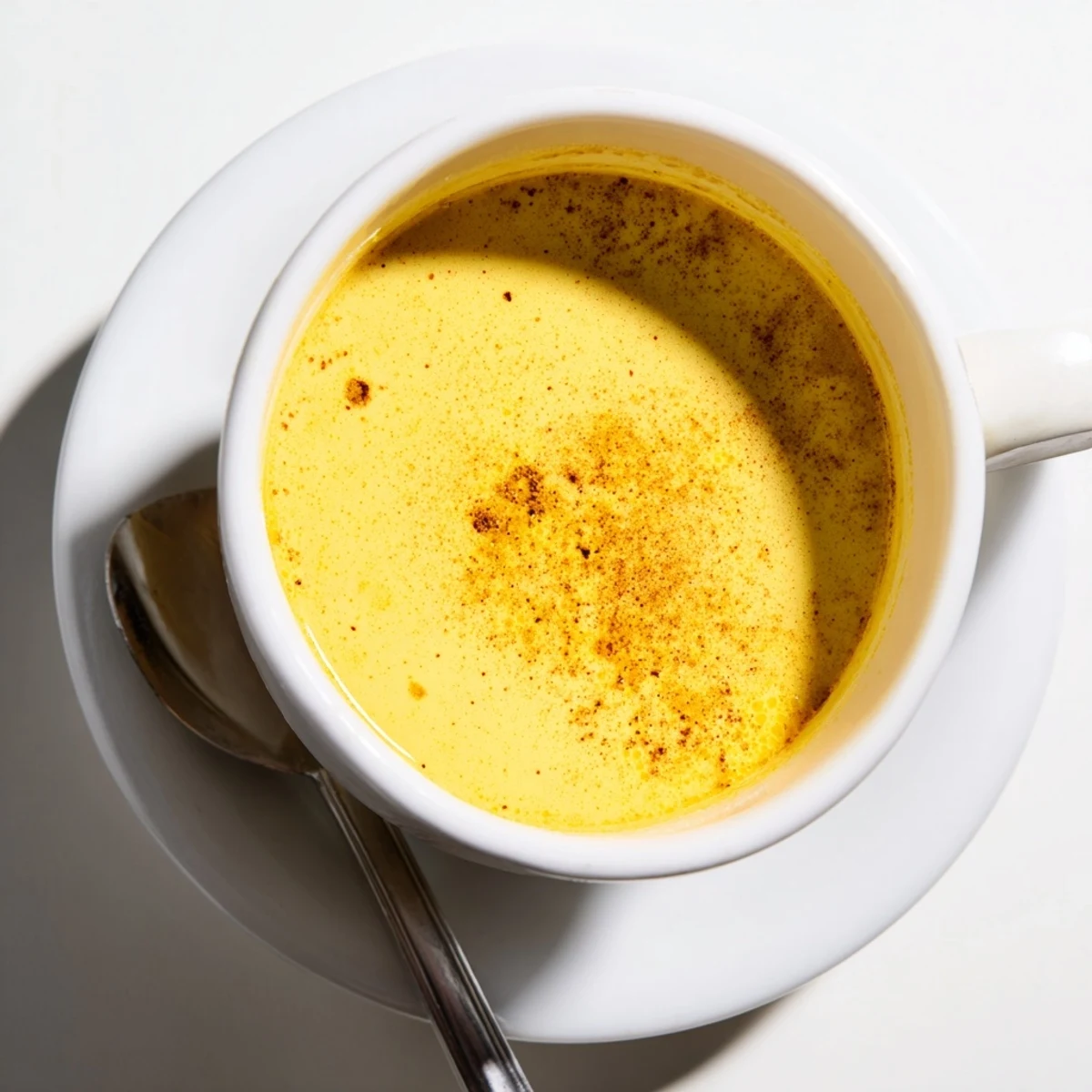 Steaming Turmeric and Golden Ginger Milk in a ceramic mug, topped with a sprinkle of cinnamon and nutmeg, ready to soothe.