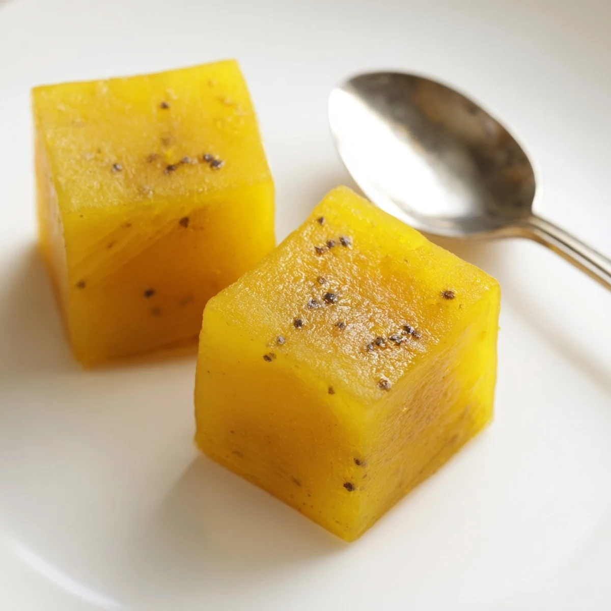 Freshly blended Lemon Ginger Turmeric Wellness Cubes showing a vibrant golden-orange hue, described as cooling wellness shots with a spicy kick.