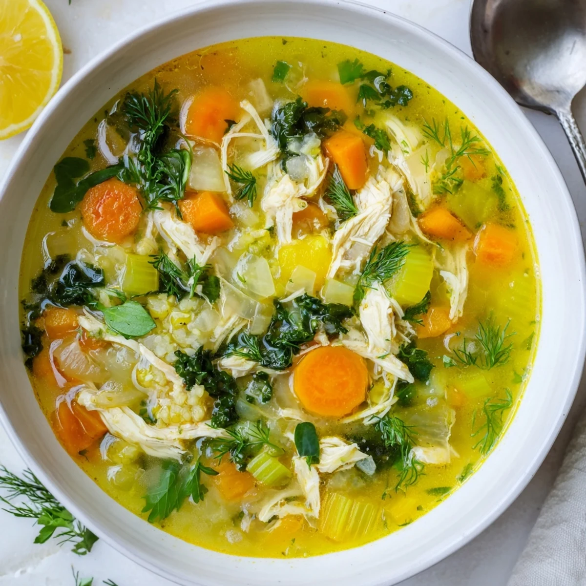 Freshly prepared High Protein Lemon and Turmeric Chicken Soup served hot with a lemon wedge and herbs, radiating comforting steam.