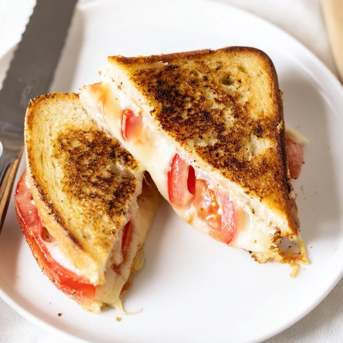 Golden-brown grilled cheese sandwich with melted pepper jack and fresh tomato slices on jalapeño-studded bread.