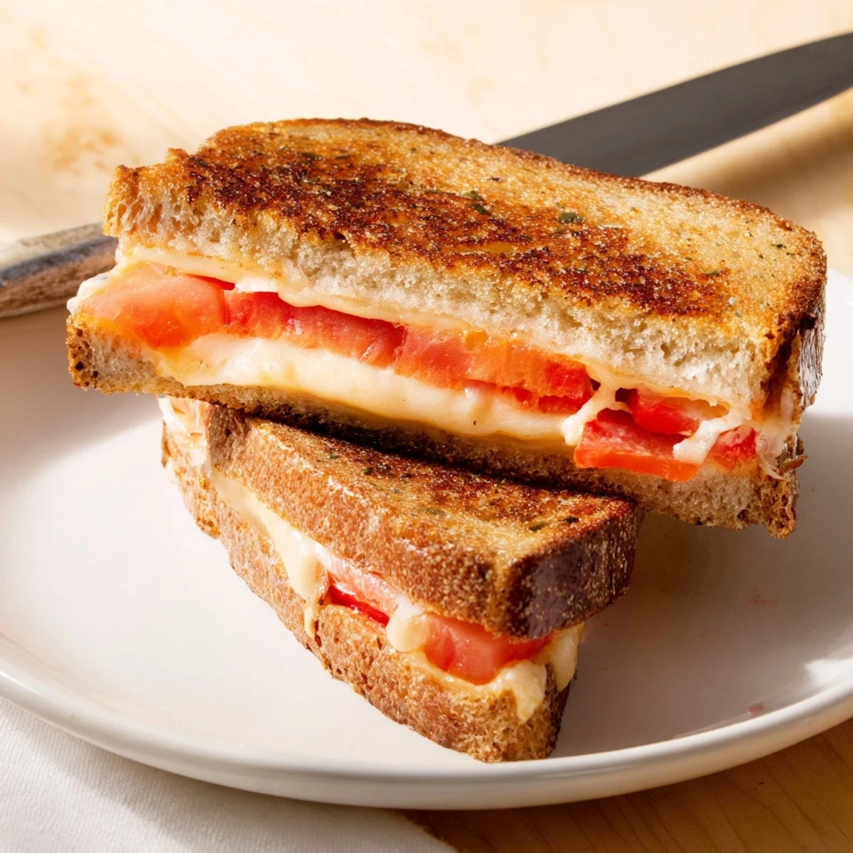 Melted pepper jack cheese and ripe tomato slices in a spicy grilled cheese sandwich on jalapeño bread.