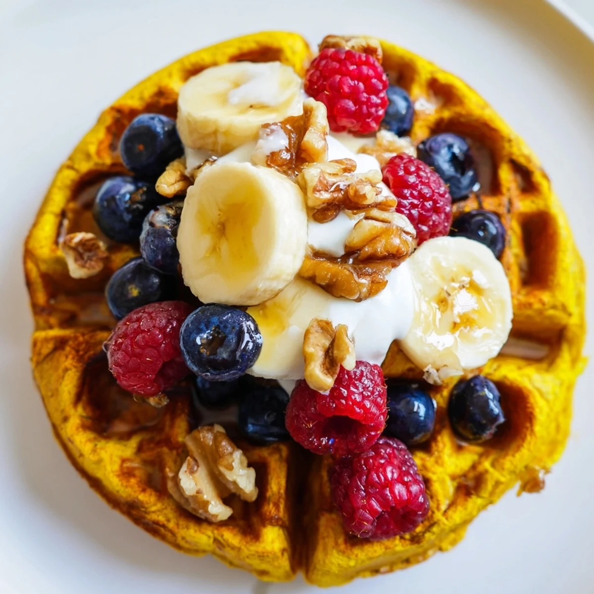 Stack of golden Anti-Inflammatory Adaptogenic Turmeric Waffles topped with fresh berries, sliced banana, and a drizzle of honey.