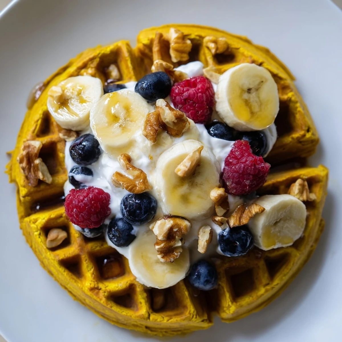 Warm Anti-Inflammatory Adaptogenic Turmeric Waffles served with creamy coconut yogurt, a dollop of Greek yogurt, and chopped nuts.