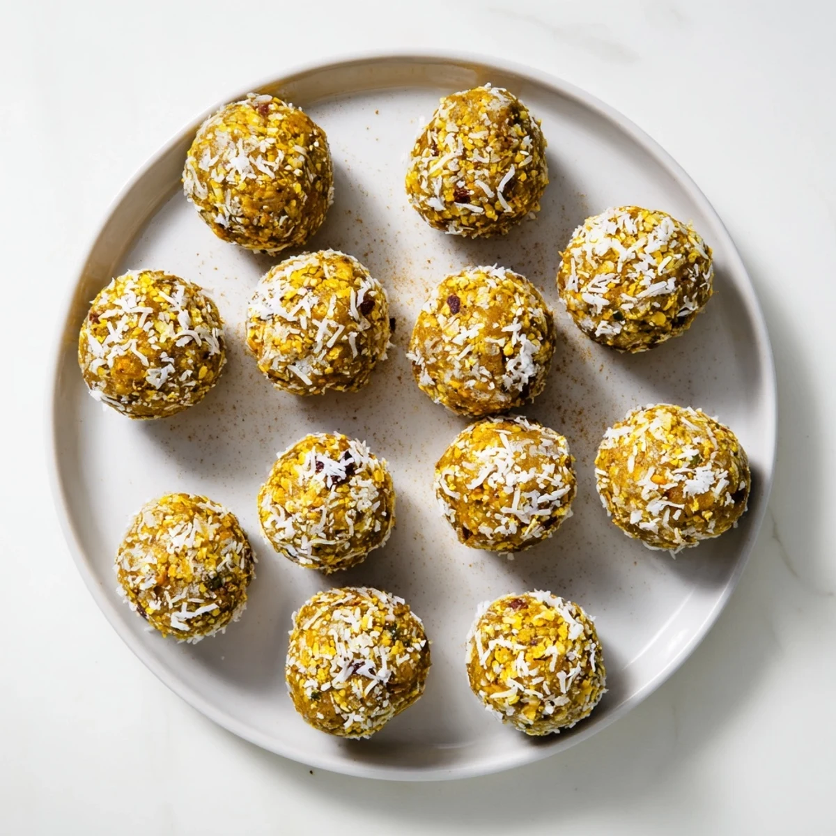 Freshly rolled Ginger Turmeric Energy Balls coated in shredded coconut, arranged on a rustic wooden board with hemp seeds scattered nearby.