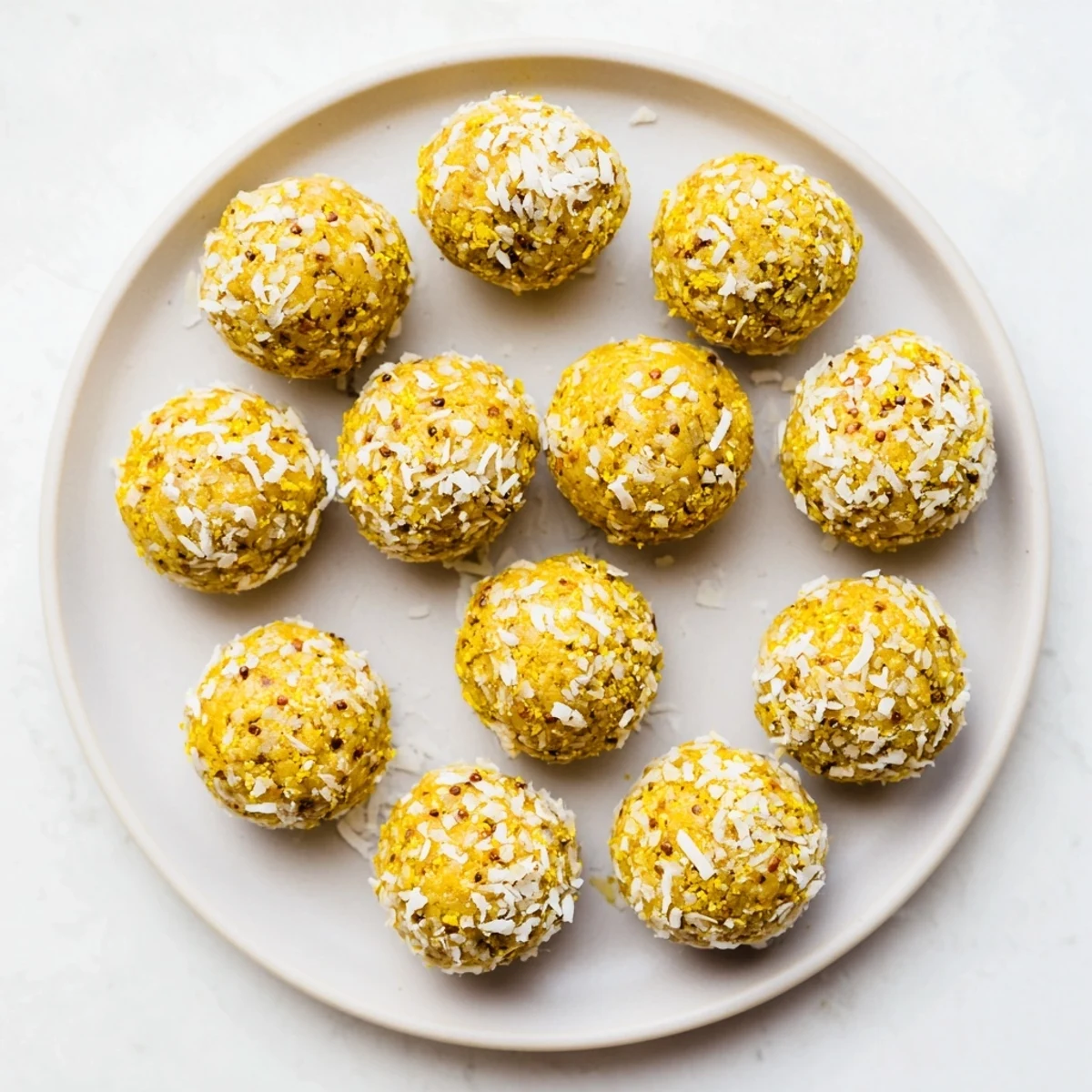 A close-up view of vibrant orange Ginger Turmeric Energy Balls with visible specks of ginger and turmeric on a white marble counter.