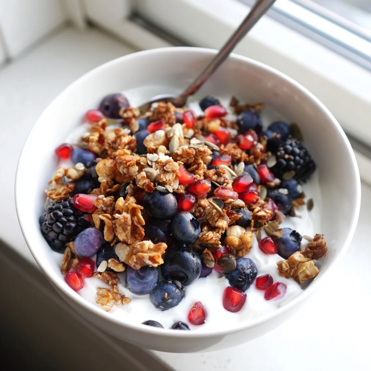 Homemade spiced crunch topping adds warm ginger and nutmeg notes to a bowl of probiotic yogurt and winter berries.