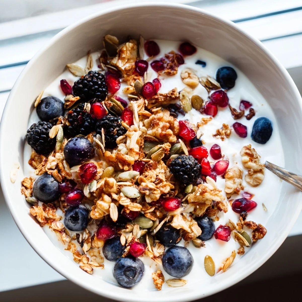 Creamy yogurt and cinnamon-spiced crunch in this Yogurt Bowl with Winter Berries and Spiced Crunch, topped with vibrant berries.
