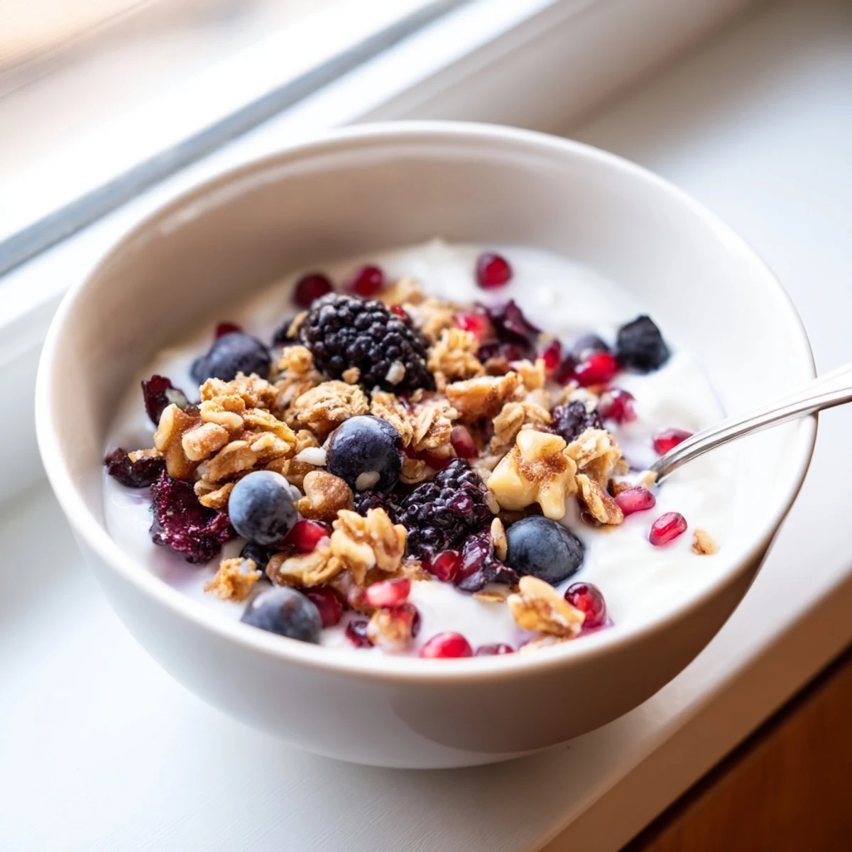 A gluten-free breakfast Yogurt Bowl with Winter Berries and Spiced Crunch, loaded with walnuts, seeds, and tart pomegranate.