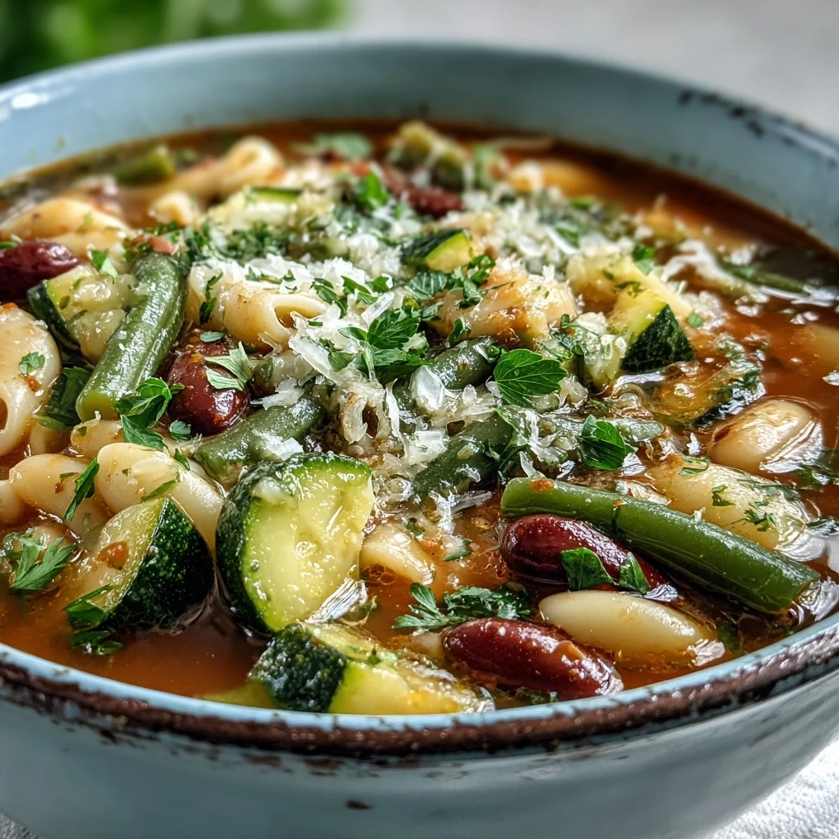 A hearty bowl of homemade minestrone soup brimming with diced carrots, zucchini, and creamy white beans in a rich tomato broth.