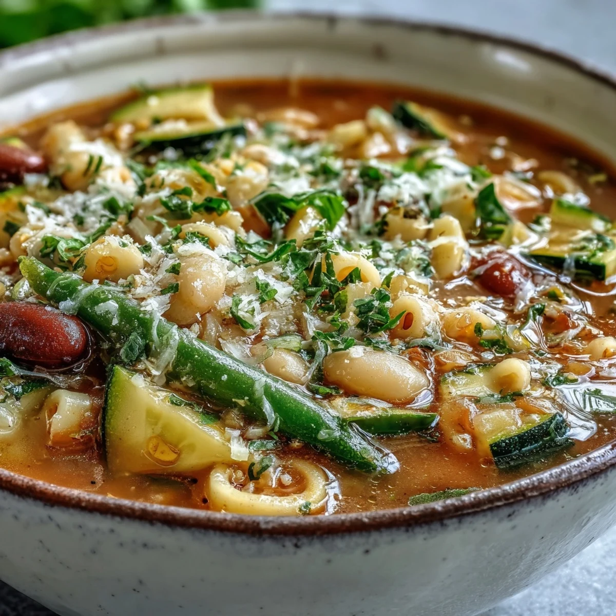 Steaming bowl of classic vegetarian minestrone soup garnished with fresh parsley and Parmesan, served alongside crusty Italian bread for dipping.