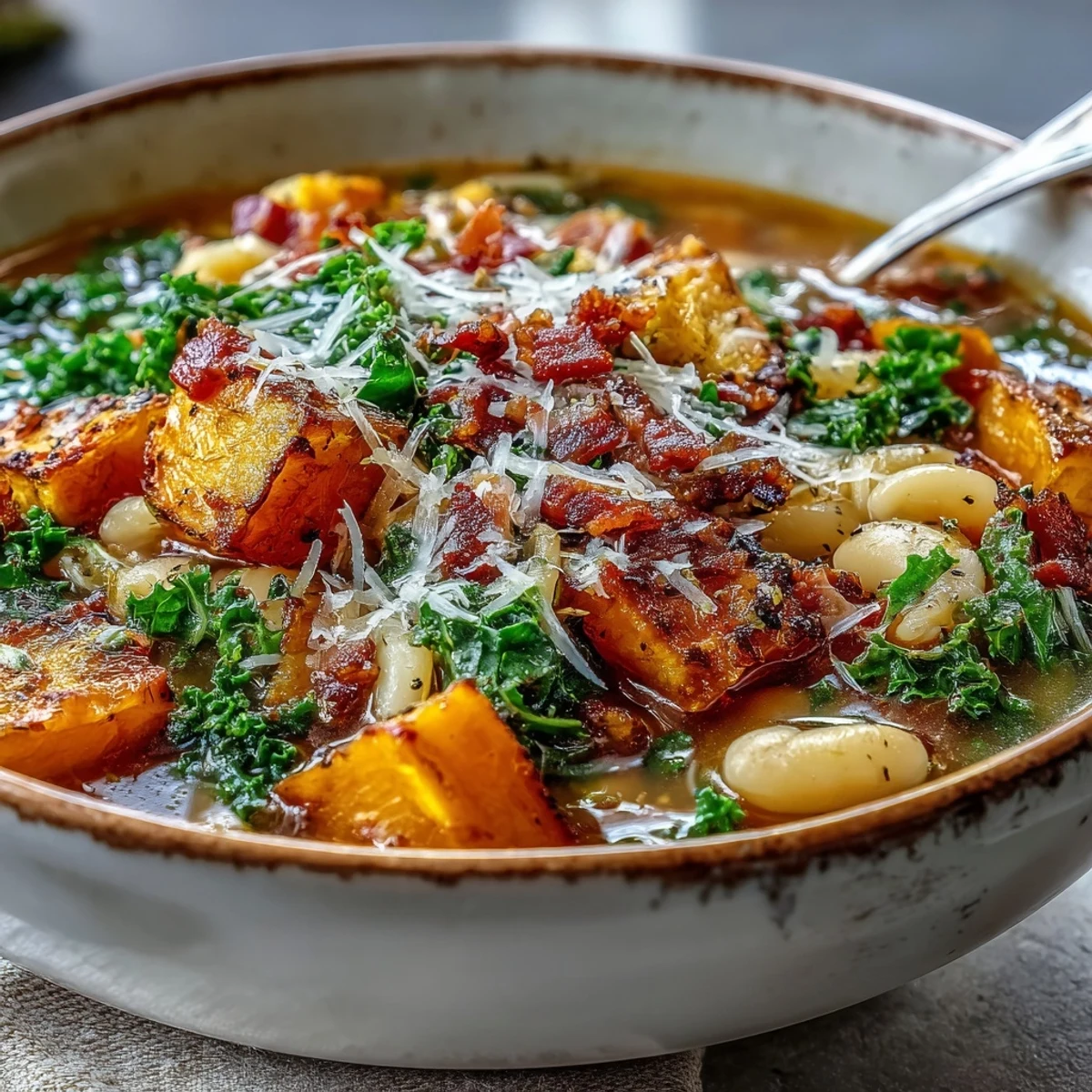 Steaming Fall Minestrone with butternut squash and kale in a rustic bowl.