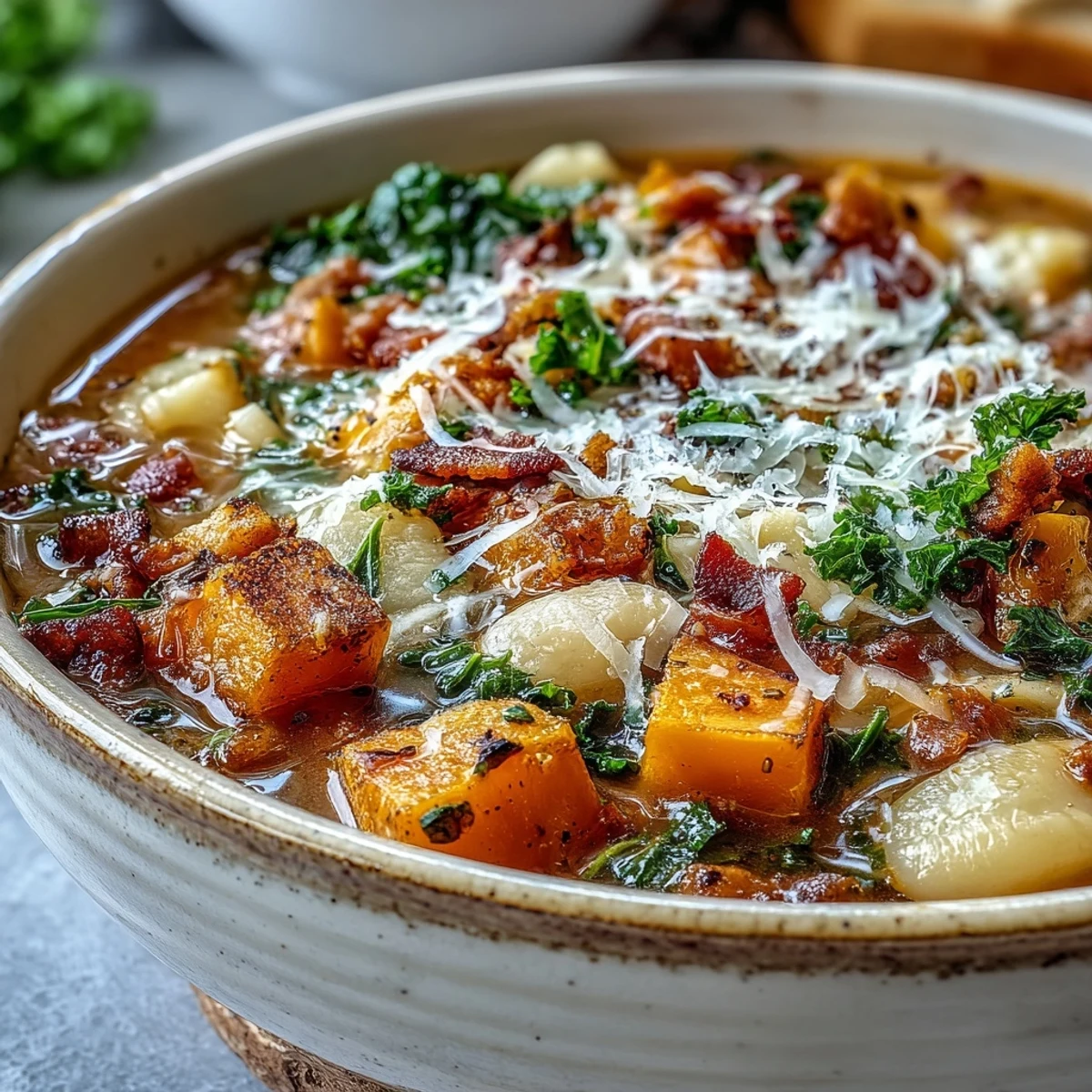 Crumbled pancetta and melted Parmesan top a cozy bowl of Fall Minestrone.