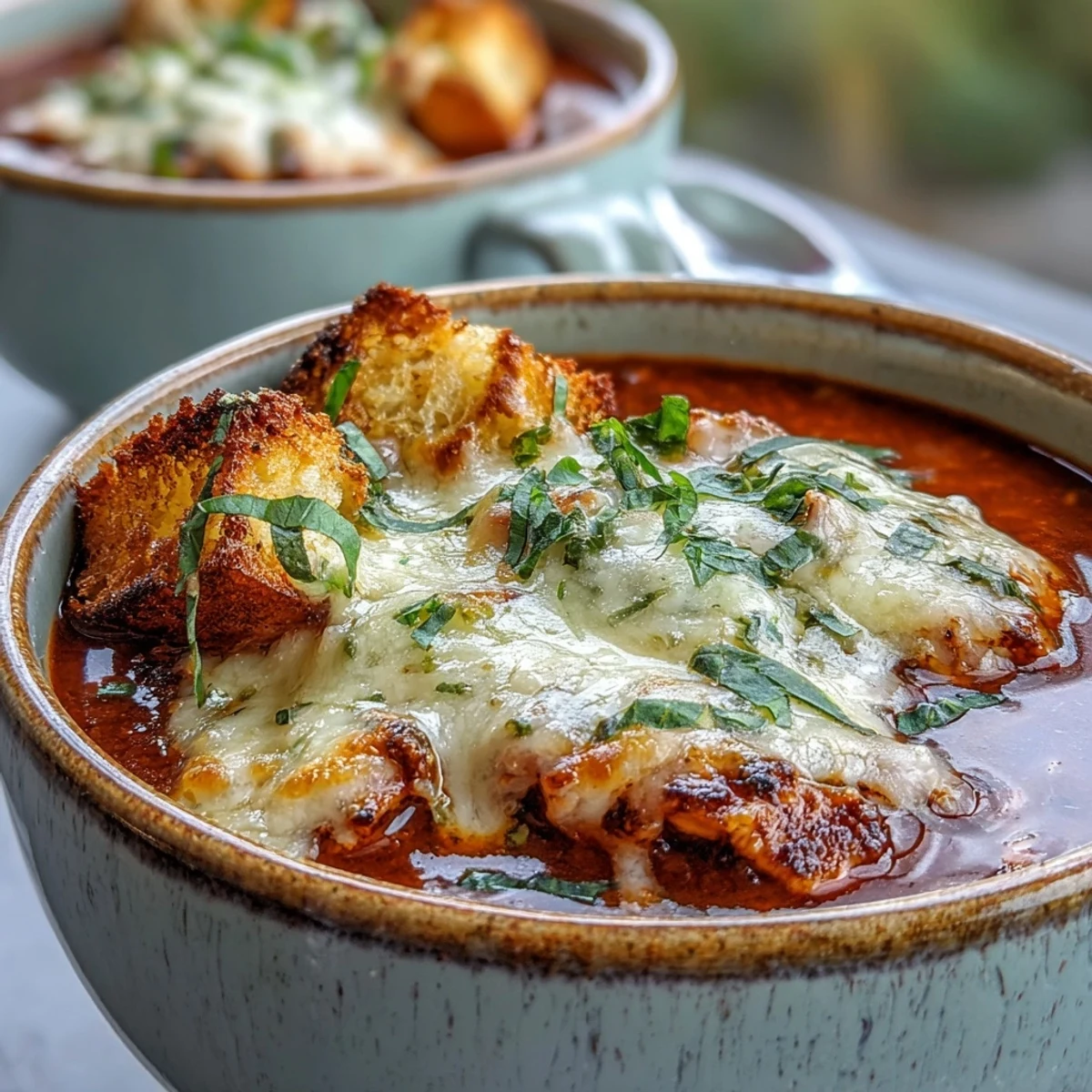 A warm bowl of Grilled Chicken Parmesan Soup topped with melted cheeses, fresh basil, and crunchy garlic croutons.