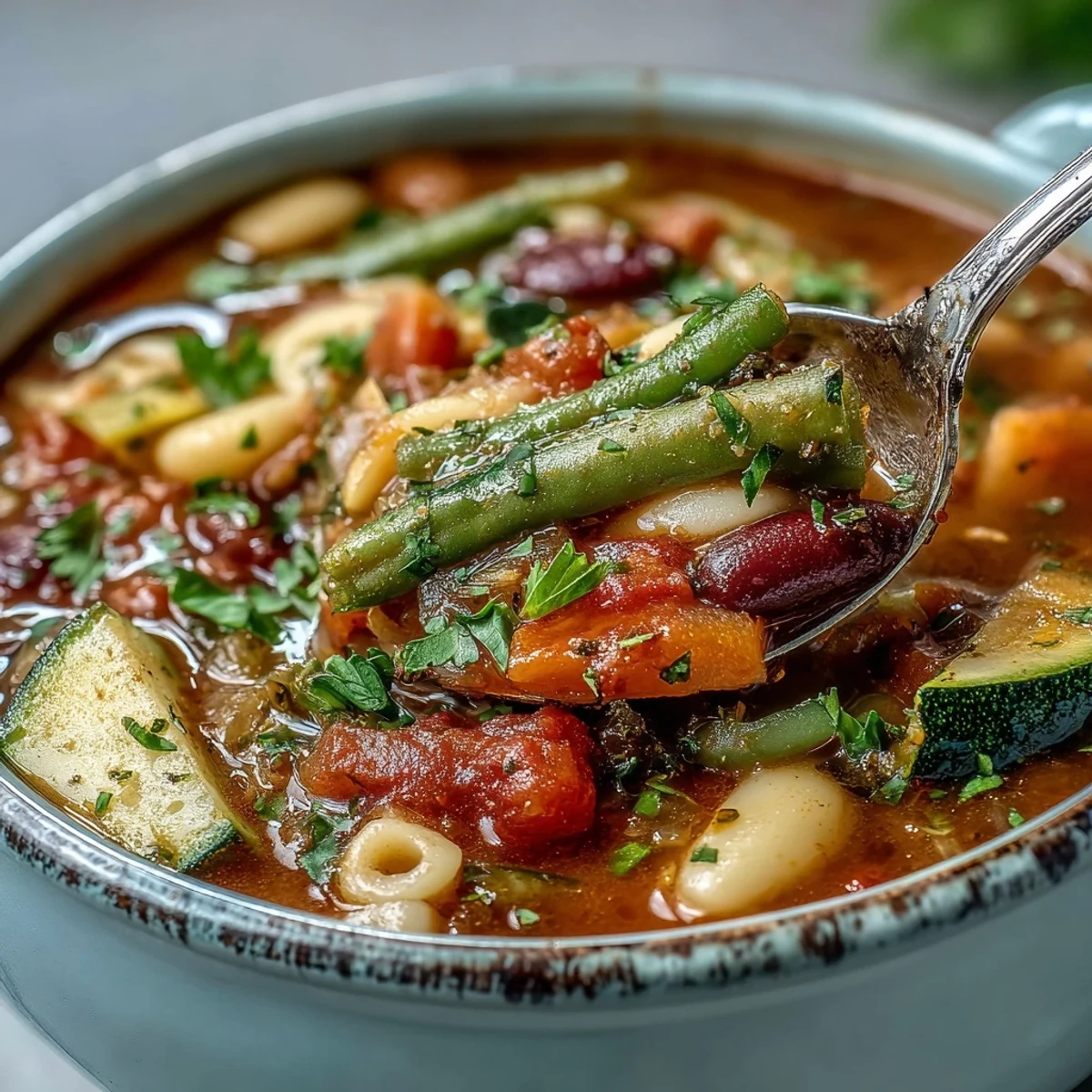 A steaming bowl of Minestrone Soup with colorful vegetables, beans, and pasta, garnished with fresh parsley.  