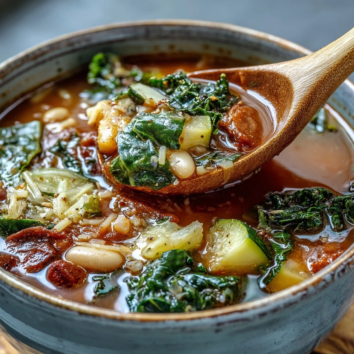 A steaming bowl of Winter Minestrone Soup, brimming with tender butternut squash and kale, perfect for a cozy dinner.